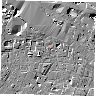 Shaded relief map of the ground around SE13JQ, computed from Environment Agency LiDAR. The ground here sits at about 3 m above sea level and falls 26 m across the surrounding 800 m. Surface water reaching this point runs off ground lying to the south-west, 4.3 m higher.
