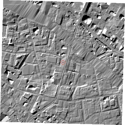 Shaded relief map of the ground around SE13JT, computed from Environment Agency LiDAR. The ground here sits at about 3 m above sea level and falls 8 m across the surrounding 800 m. Surface water reaching this point runs off ground lying to the south, 0.9 m higher.