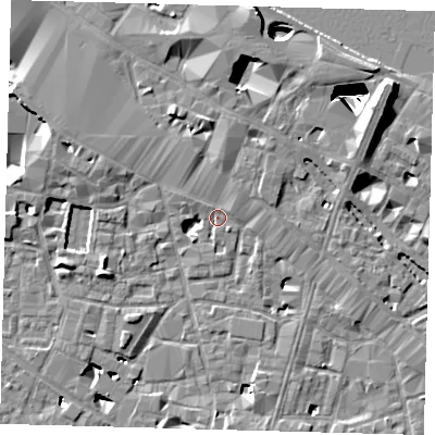 Shaded relief map of the ground around SE13JU, computed from Environment Agency LiDAR. The ground here sits at about 3 m above sea level and falls 29 m across the surrounding 800 m. Surface water reaching this point runs off ground lying to the north-north-east, 7.3 m higher.