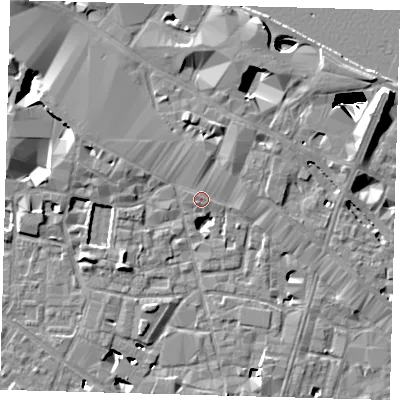 Shaded relief map of the ground around SE13JW, computed from Environment Agency LiDAR. The ground here sits at about 4 m above sea level and falls 29 m across the surrounding 800 m. Surface water reaching this point runs off ground lying to the north-north-east, 7.2 m higher.