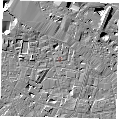 Shaded relief map of the ground around SE13JX, computed from Environment Agency LiDAR. The ground here sits at about 3 m above sea level and falls 29 m across the surrounding 800 m. Surface water reaching this point runs off ground lying to the west-south-west, 4.7 m higher.