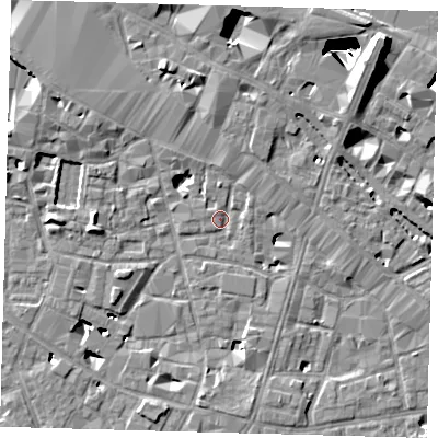 Shaded relief map of the ground around SE13JY, computed from Environment Agency LiDAR. The ground here sits at about 3 m above sea level and falls 29 m across the surrounding 800 m. Surface water reaching this point runs off ground lying to the north, 7.3 m higher.