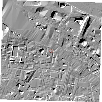 Shaded relief map of the ground around SE13JZ, computed from Environment Agency LiDAR. The ground here sits at about 3 m above sea level and falls 29 m across the surrounding 800 m. Surface water reaching this point runs off ground lying to the north, 7.3 m higher.
