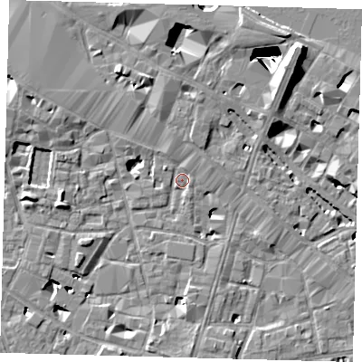 Shaded relief map of the ground around SE13LA, computed from Environment Agency LiDAR. The ground here sits at about 3 m above sea level and falls 29 m across the surrounding 800 m. Surface water reaching this point runs off ground lying to the north, 7.3 m higher.