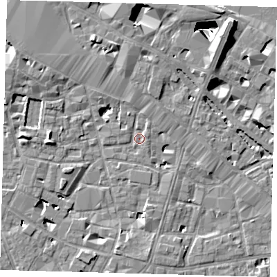 Shaded relief map of the ground around SE13LB, computed from Environment Agency LiDAR. The ground here sits at about 3 m above sea level and falls 29 m across the surrounding 800 m. Surface water reaching this point runs off ground lying to the north, 7.3 m higher.