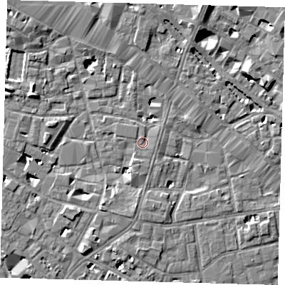 Shaded relief map of the ground around SE13LD, computed from Environment Agency LiDAR. The ground here sits at about 3 m above sea level and falls 8 m across the surrounding 800 m. Surface water reaching this point runs off ground lying to the south-east, 0.9 m higher.