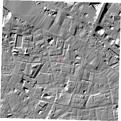 Shaded relief map of the ground around SE13LE, computed from Environment Agency LiDAR. The ground here sits at about 3 m above sea level and falls 29 m across the surrounding 800 m. Surface water reaching this point runs off ground lying to the north-east, 9.4 m higher.