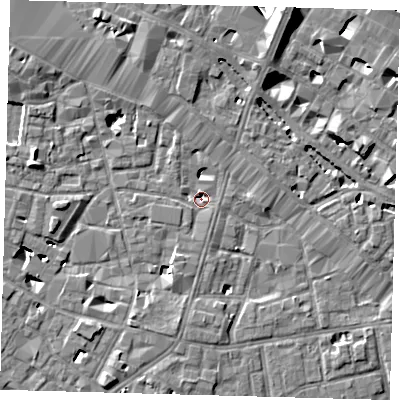 Shaded relief map of the ground around SE13LF, computed from Environment Agency LiDAR. The ground here sits at about 2 m above sea level and falls 15 m across the surrounding 800 m. Surface water reaching this point runs off ground lying to the north-north-east, 8.2 m higher.