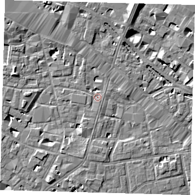 Shaded relief map of the ground around SE13LG, computed from Environment Agency LiDAR. The ground here sits at about 3 m above sea level and falls 9 m across the surrounding 800 m. Surface water reaching this point runs off ground lying to the north-north-east, 6.3 m higher.