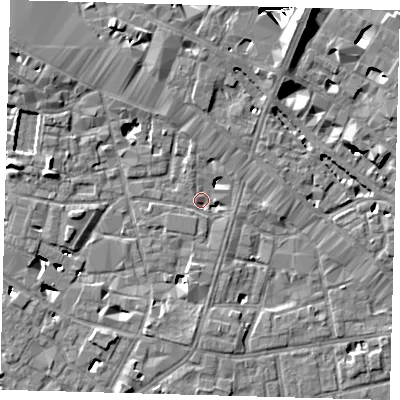 Shaded relief map of the ground around SE13LH, computed from Environment Agency LiDAR. The ground here sits at about 3 m above sea level and falls 29 m across the surrounding 800 m. Surface water reaching this point runs off ground lying to the north-north-east, 8.2 m higher.