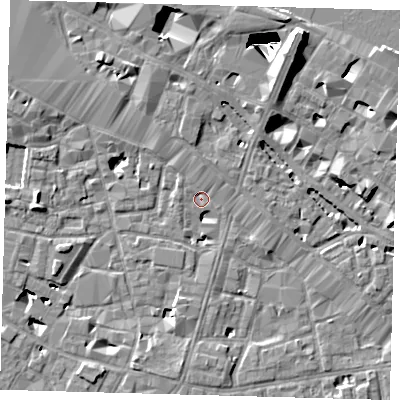 Shaded relief map of the ground around SE13LJ, computed from Environment Agency LiDAR. The ground here sits at about 3 m above sea level and falls 29 m across the surrounding 800 m. Surface water reaching this point runs off ground lying to the north, 1.7 m higher.