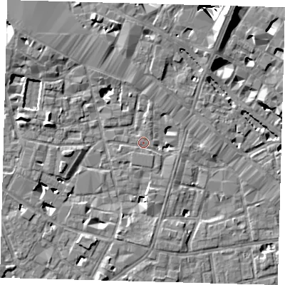 Shaded relief map of the ground around SE13LL, computed from Environment Agency LiDAR. The ground here sits at about 3 m above sea level and falls 29 m across the surrounding 800 m. Surface water reaching this point runs off ground lying to the north-north-east, 9.4 m higher.