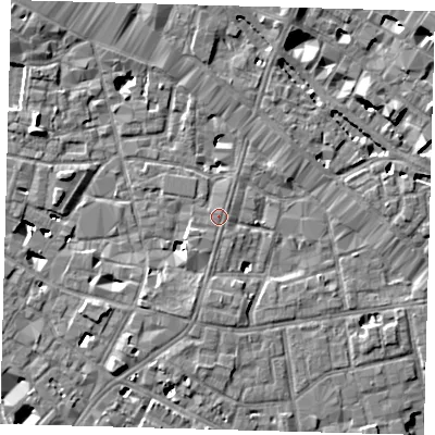 Shaded relief map of the ground around SE13LP, computed from Environment Agency LiDAR. The ground here sits at about 4 m above sea level and falls 7 m across the surrounding 800 m. Surface water reaching this point runs off ground lying to the south-south-west, 1.7 m higher.