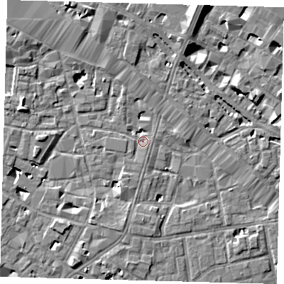 Shaded relief map of the ground around SE13LR, computed from Environment Agency LiDAR. The ground here sits at about 3 m above sea level and falls 9 m across the surrounding 800 m. Surface water reaching this point runs off ground lying to the north-north-east, 6.3 m higher.
