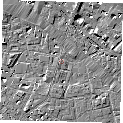 Shaded relief map of the ground around SE13LS, computed from Environment Agency LiDAR. The ground here sits at about 3 m above sea level and falls 8 m across the surrounding 800 m. Surface water reaching this point runs off ground lying to the south, 3.6 m higher.