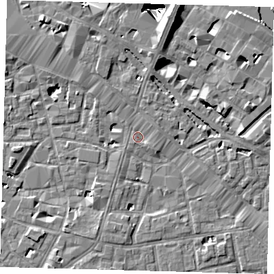 Shaded relief map of the ground around SE13LU, computed from Environment Agency LiDAR. The ground here sits at about 3 m above sea level and falls 29 m across the surrounding 800 m. Surface water reaching this point runs off ground lying to the north-north-east, 1.7 m higher.