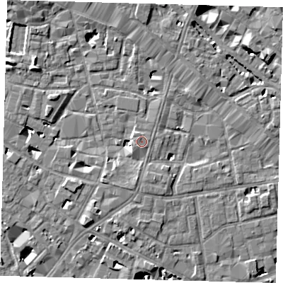 Shaded relief map of the ground around SE13LW, computed from Environment Agency LiDAR. The ground here sits at about 4 m above sea level and falls 9 m across the surrounding 800 m. Surface water reaching this point runs off ground lying to the south, 1.5 m higher.
