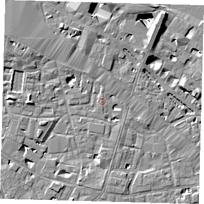 Shaded relief map of the ground around SE13LX, computed from Environment Agency LiDAR. The ground here sits at about 3 m above sea level and falls 29 m across the surrounding 800 m. Surface water reaching this point runs off ground lying to the north-north-east, 6.7 m higher.