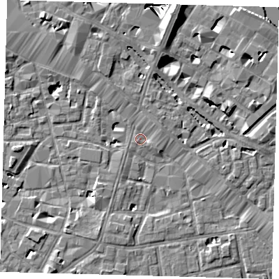 Shaded relief map of the ground around SE13LY, computed from Environment Agency LiDAR. The ground here sits at about 3 m above sea level and falls 29 m across the surrounding 800 m. Surface water reaching this point runs off ground lying to the north, 2.4 m higher.