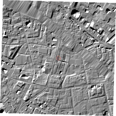 Shaded relief map of the ground around SE13LZ, computed from Environment Agency LiDAR. The ground here sits at about 3 m above sea level and falls 7 m across the surrounding 800 m. Surface water reaching this point runs off ground lying to the south, 3.6 m higher.