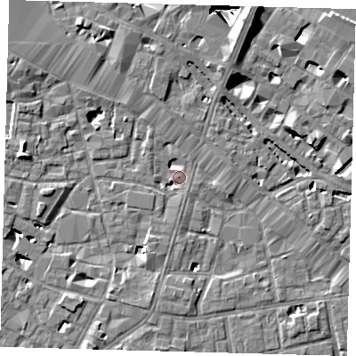 Shaded relief map of the ground around SE13NA, computed from Environment Agency LiDAR. The ground here sits at about 3 m above sea level and falls 29 m across the surrounding 800 m. Surface water reaching this point runs off ground lying to the north-north-east, 8.2 m higher.