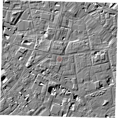 Shaded relief map of the ground around SE13NJ, computed from Environment Agency LiDAR. The ground here sits at about 4 m above sea level and falls 8 m across the surrounding 800 m. Surface water reaching this point runs off ground lying to the south-west, 0.9 m higher.