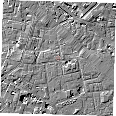 Shaded relief map of the ground around SE13NP, computed from Environment Agency LiDAR. The ground here sits at about 4 m above sea level and falls 9 m across the surrounding 800 m. Surface water reaching this point runs off ground lying to the west-south-west, 2.8 m higher.