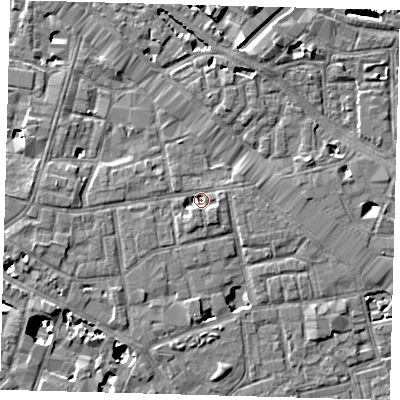 Shaded relief map of the ground around SE13NR, computed from Environment Agency LiDAR. The ground here sits at about 3 m above sea level and falls 9 m across the surrounding 800 m. Surface water reaching this point runs off ground lying to the south-south-east, 2.2 m higher.