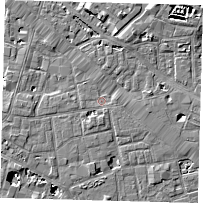 Shaded relief map of the ground around SE13NT, computed from Environment Agency LiDAR. The ground here sits at about 3 m above sea level and falls 9 m across the surrounding 800 m. Surface water reaching this point runs off ground lying to the east, 1.7 m higher.