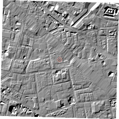 Shaded relief map of the ground around SE13NU, computed from Environment Agency LiDAR. The ground here sits at about 3 m above sea level and falls 9 m across the surrounding 800 m. Surface water reaching this point runs off ground lying to the west-south-west, 2.8 m higher.