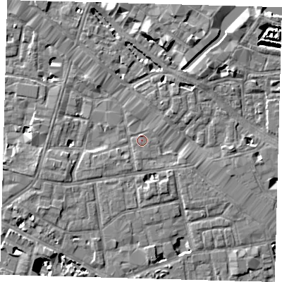 Shaded relief map of the ground around SE13NX, computed from Environment Agency LiDAR. The ground here sits at about 3 m above sea level and falls 9 m across the surrounding 800 m. Surface water reaching this point runs off ground lying to the south-west, 2.8 m higher.