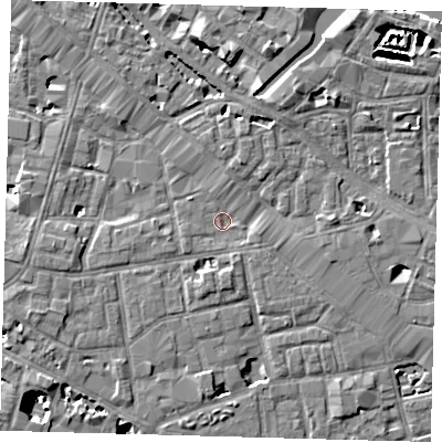 Shaded relief map of the ground around SE13NY, computed from Environment Agency LiDAR. The ground here sits at about 3 m above sea level and falls 9 m across the surrounding 800 m. Surface water reaching this point runs off ground lying to the north-north-east, 2.3 m higher.
