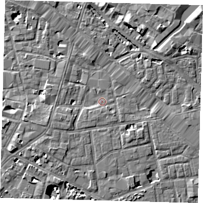 Shaded relief map of the ground around SE13NZ, computed from Environment Agency LiDAR. The ground here sits at about 3 m above sea level and falls 9 m across the surrounding 800 m. Surface water reaching this point runs off ground lying to the south-west, 2.8 m higher.