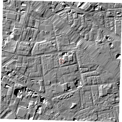 Shaded relief map of the ground around SE13PB, computed from Environment Agency LiDAR. The ground here sits at about 4 m above sea level and falls 8 m across the surrounding 800 m. Surface water reaching this point runs off ground lying to the east, 1.1 m higher.