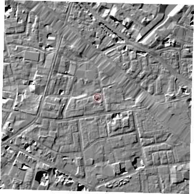 Shaded relief map of the ground around SE13PD, computed from Environment Agency LiDAR. The ground here sits at about 3 m above sea level and falls 9 m across the surrounding 800 m. Surface water reaching this point runs off ground lying to the south-west, 2.8 m higher.