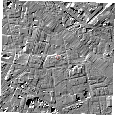 Shaded relief map of the ground around SE13PE, computed from Environment Agency LiDAR. The ground here sits at about 4 m above sea level and falls 9 m across the surrounding 800 m. Surface water reaching this point runs off ground lying to the south-west, 2.8 m higher.