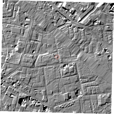 Shaded relief map of the ground around SE13PF, computed from Environment Agency LiDAR. The ground here sits at about 3 m above sea level and falls 9 m across the surrounding 800 m. Surface water reaching this point runs off ground lying to the west-south-west, 2.8 m higher.