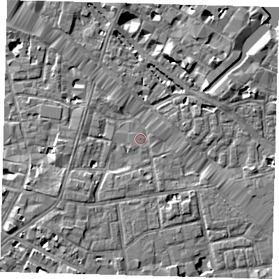 Shaded relief map of the ground around SE13PG, computed from Environment Agency LiDAR. The ground here sits at about 3 m above sea level and falls 7 m across the surrounding 800 m. Surface water reaching this point runs off ground lying to the south-west, 2.8 m higher.