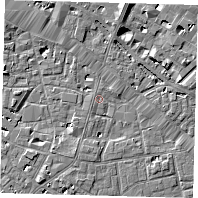 Shaded relief map of the ground around SE13PH, computed from Environment Agency LiDAR. The ground here sits at about 3 m above sea level and falls 9 m across the surrounding 800 m. Surface water reaching this point runs off ground lying to the south-south-west, 3.6 m higher.