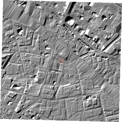 Shaded relief map of the ground around SE13PL, computed from Environment Agency LiDAR. The ground here sits at about 3 m above sea level and falls 9 m across the surrounding 800 m. Surface water reaching this point runs off ground lying to the south-south-west, 3.6 m higher.