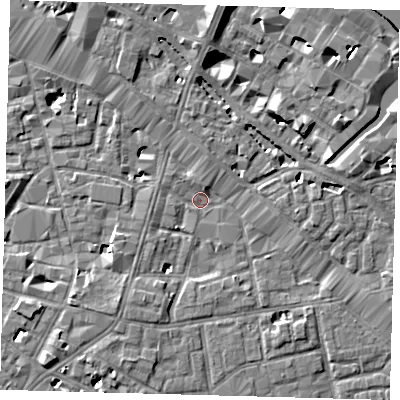 Shaded relief map of the ground around SE13PN, computed from Environment Agency LiDAR. The ground here sits at about 3 m above sea level and falls 8 m across the surrounding 800 m. Surface water reaching this point runs off ground lying to the north, 7.0 m higher.