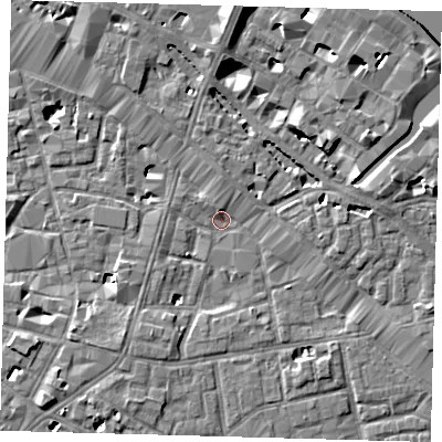 Shaded relief map of the ground around SE13PP, computed from Environment Agency LiDAR. The ground here sits at about 3 m above sea level and falls 9 m across the surrounding 800 m. Surface water reaching this point runs off ground lying to the north, 7.2 m higher.