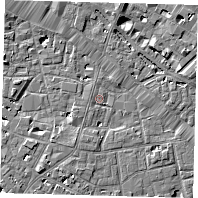 Shaded relief map of the ground around SE13PR, computed from Environment Agency LiDAR. The ground here sits at about 3 m above sea level and falls 7 m across the surrounding 800 m. Surface water reaching this point runs off ground lying to the south-south-west, 3.6 m higher.