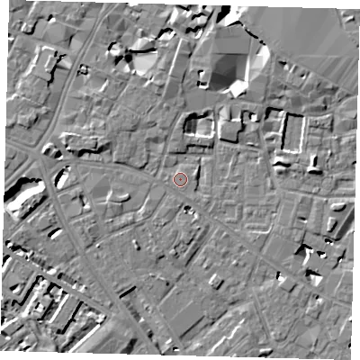 Shaded relief map of the ground around SE13PS, computed from Environment Agency LiDAR. The ground here sits at about 3 m above sea level and falls 10 m across the surrounding 800 m. Surface water reaching this point runs off ground lying to the north-east, 0.5 m higher.