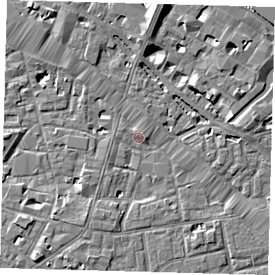 Shaded relief map of the ground around SE13PW, computed from Environment Agency LiDAR. The ground here sits at about 3 m above sea level and falls 9 m across the surrounding 800 m. Surface water reaching this point runs off ground lying to the south-south-west, 3.6 m higher.
