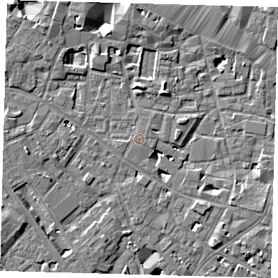 Shaded relief map of the ground around SE13QB, computed from Environment Agency LiDAR. The ground here sits at about 4 m above sea level and falls 6 m across the surrounding 800 m. Surface water reaching this point runs off ground lying to the south-east, 0.6 m higher.