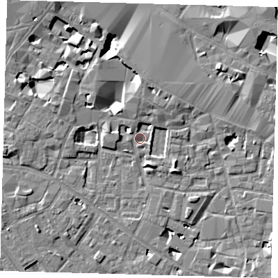 Shaded relief map of the ground around SE13QG, computed from Environment Agency LiDAR. The ground here sits at about 3 m above sea level and falls 11 m across the surrounding 800 m. Surface water reaching this point runs off ground lying to the west, 3.5 m higher.
