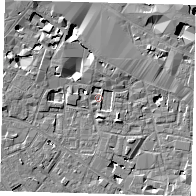 Shaded relief map of the ground around SE13QN, computed from Environment Agency LiDAR. The ground here sits at about 2 m above sea level and falls 11 m across the surrounding 800 m. Surface water reaching this point runs off ground lying to the south-east, 3.5 m higher.