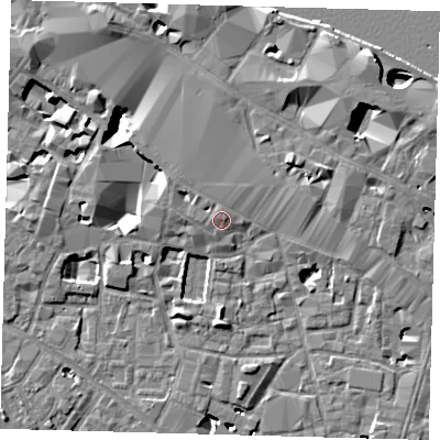 Shaded relief map of the ground around SE13QU, computed from Environment Agency LiDAR. The ground here sits at about 4 m above sea level and falls 12 m across the surrounding 800 m. Surface water reaching this point runs off ground lying to the west, 2.1 m higher.