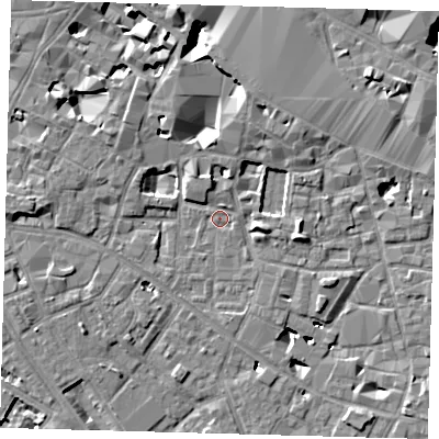 Shaded relief map of the ground around SE13RF, computed from Environment Agency LiDAR. The ground here sits at about 3 m above sea level and falls 10 m across the surrounding 800 m. Surface water reaching this point runs off ground lying to the north-west, 4.2 m higher.